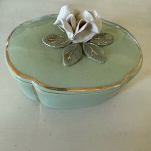 Wedgwood Green Dish with Gold and Floral Design